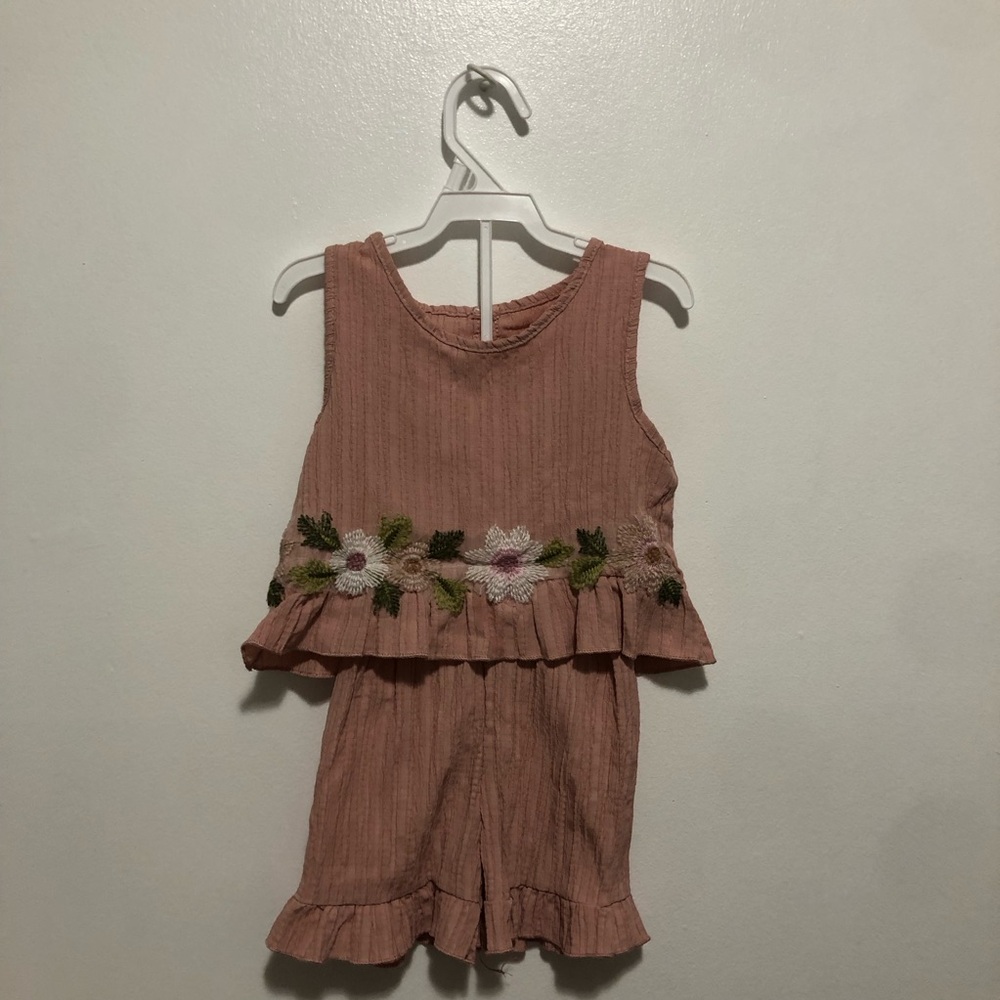SHEIN Dusty Pink Floral Embroidered Romper Set